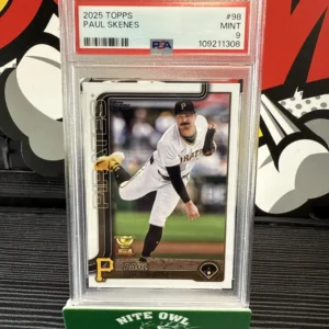 Baseball card in protective display case.