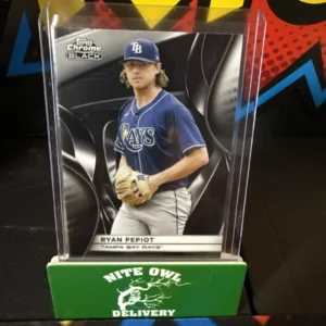 Baseball card of player in blue jersey.