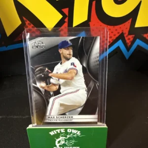 Baseball card in protective case on display.