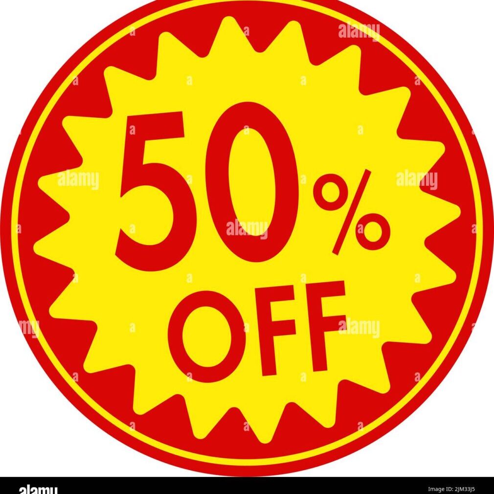 Red and yellow 50% off discount badge.